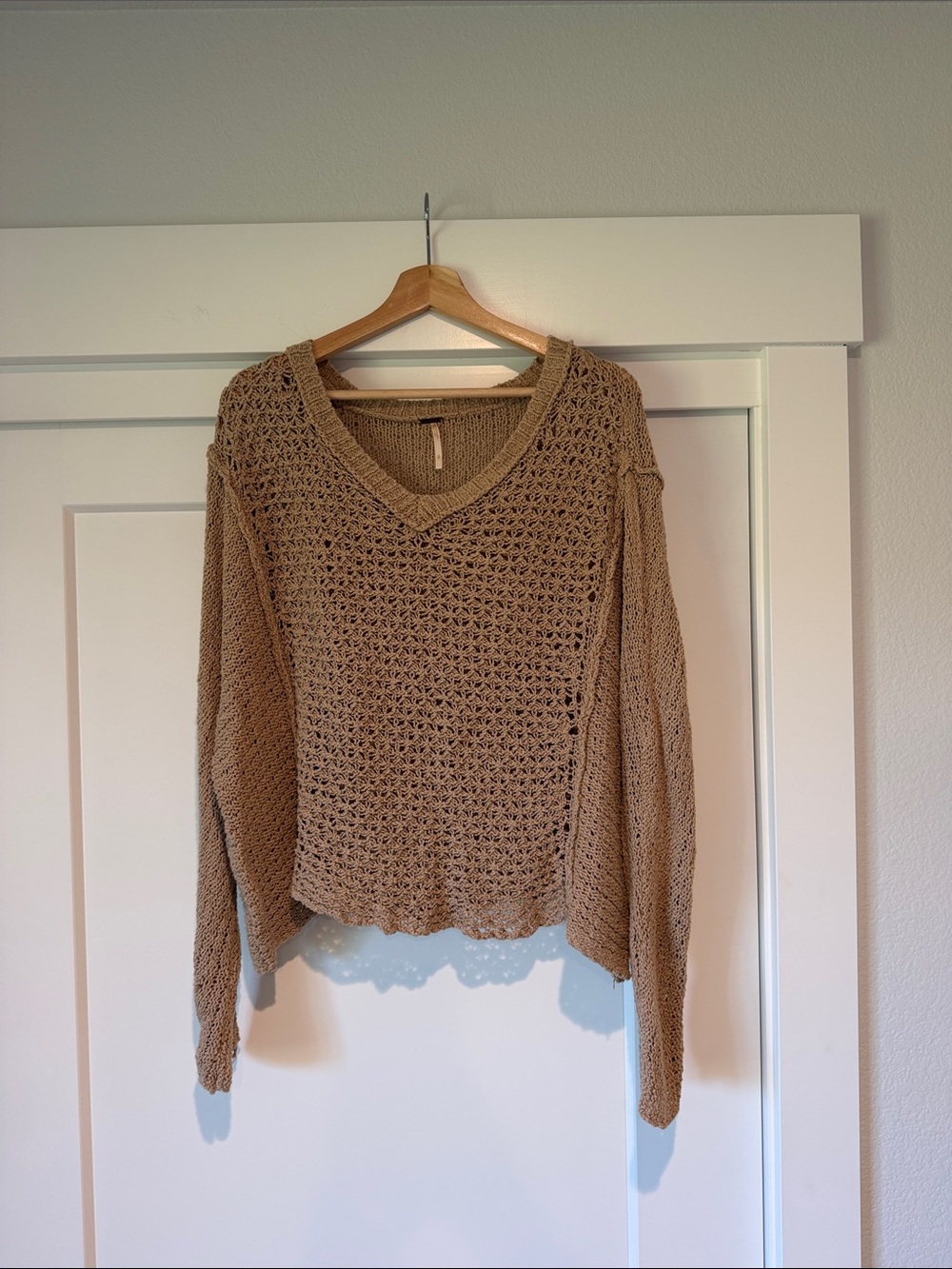 Free People Cropped Crochet V-Neck Sweater in Taupe